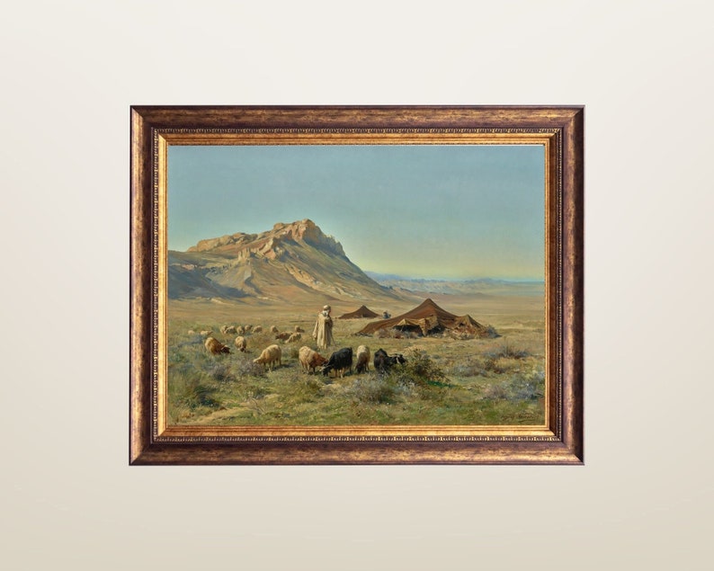 a framed painting of an arab man with his sheep in a desert near a tent