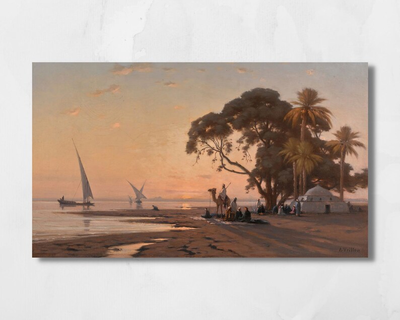 a framed picture of the artwork called Halt by the Well; by August Veillon. The image is of arab men and their camels in the desert next to a well and buildings.