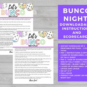 BUNCO Scorecard + Instruções | BUNCO Game Night | Ladies' Night Game | Regras e pontuação do jogo de dados | Download instantâneo | Table Tents