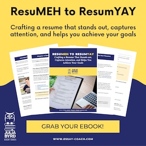 Puede incluir: Una portada de libro electrónico amarilla, azul y blanca con el título "ResuMEH to ResumYAY" y el texto "Crafting a resume that stands out, captures attention, and helps you achieve your goals". La portada también presenta una computadora portátil, un portapapeles con un currículum y un búho de dibujos animados.