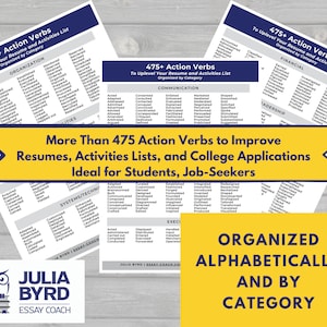 Puede incluir: Un gráfico amarillo y blanco con el texto "475+ Action Verbs" y "Más de 475 verbos de acción para mejorar currículums, listas de actividades y solicitudes universitarias Ideal para estudiantes, buscadores de empleo". El gráfico está organizado alfabéticamente y por categoría.