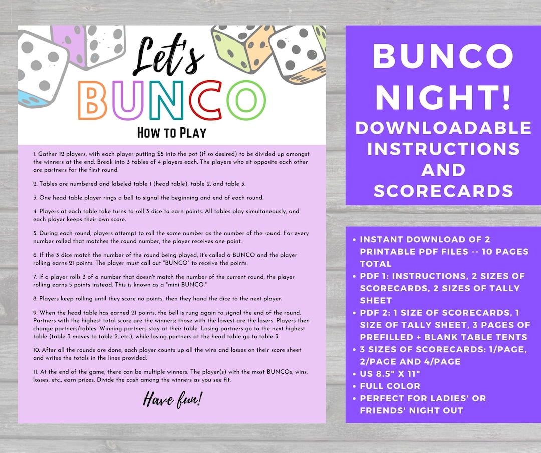 BUNCO Scorecard Instructions BUNCO Game Night Ladies' Night Game Dice
