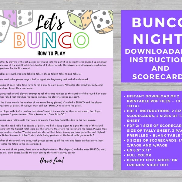 BUNCO Scorecard + Instructions | BUNCO Game Night | Ladies' Night Game | Dice Game Rules & Scoring | Instant Download | Table Tents