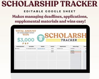 May include: A computer screen displaying a spreadsheet titled "The Ultimate Scholarship Tracker". The spreadsheet is designed to help students track scholarship applications, deadlines, and supplemental materials. The spreadsheet includes columns for scholarship name, description, website, amount, requirements, status of application, and notes. The spreadsheet also includes a section for tracking the total amount of scholarship money won. The total amount of scholarship money won is displayed as $3,000.