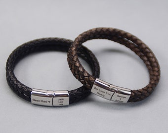 Personalized Black&Brown Mens Bracelet, Custom Hidden Message Leather Bracelet, Engraved Name Bracelet for Men, Father Day Gift, Men's Gifts