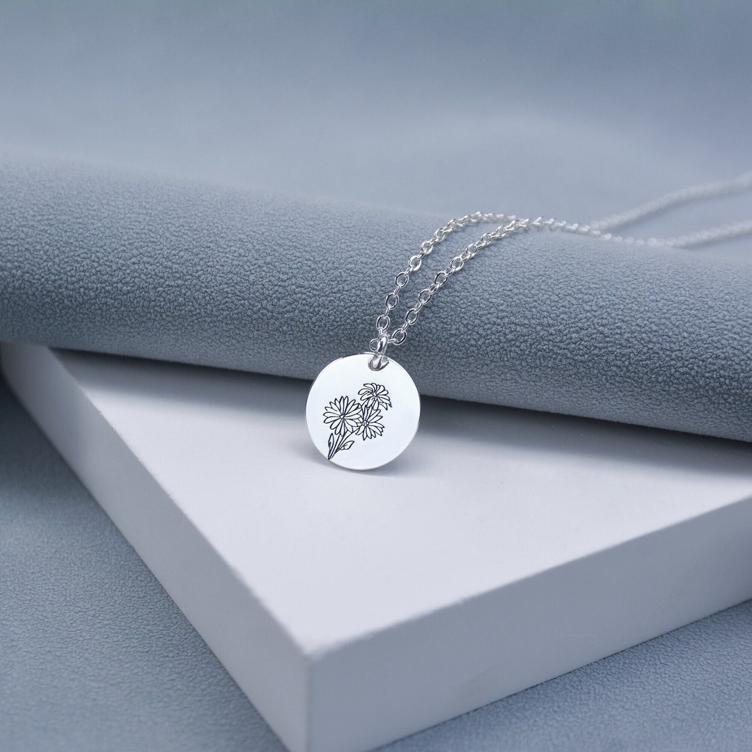 Birth Flower Necklace Engraved Necklace Personalized Etsy