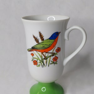 Vintage Fred Roberts Porcelain Bird Pedestal Mug - Green Painted Bunting