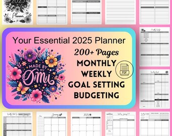 May include: A printable 2025 planner with floral illustrations. The planner includes 200+ pages with monthly, weekly, goal setting, and budgeting sections. The text "Your Essential 2025 Planner" is displayed in a pink banner.