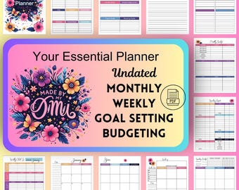May include: A pink and purple floral design with the text "Your Essential Planner Undated MONTHLY WEEKLY GOAL SETTING BUDGETING" and "MADE BY MY SMI" in a black circle. The planner is a PDF download.