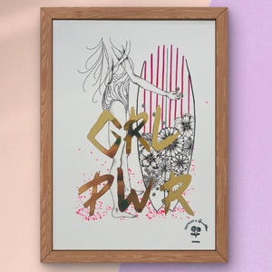 Póster Surfer Girl Power, espíritu surfista y decoración de estilo de vida.