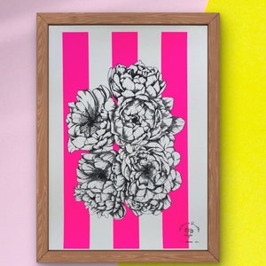 Sérigraphie Pivoine et rayures numérotée pour décoration contemporaine