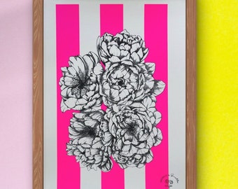 Genummerde pioenroos en strepen zeefdruk voor hedendaagse decoratie