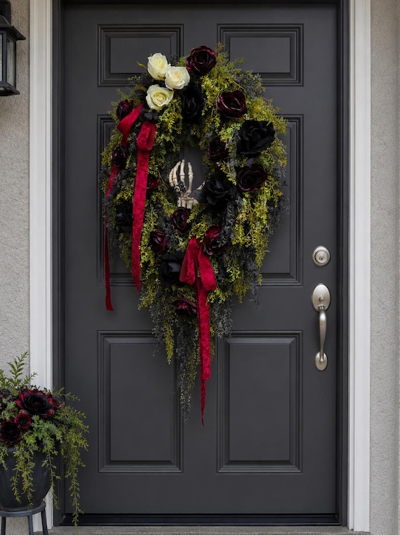 Romantic Gothic Halloween Wreath, Victorian Dark Romance, Skeleton Hand Door Decor, Glow in the Dark White Roses, Cascading Fall Swag,