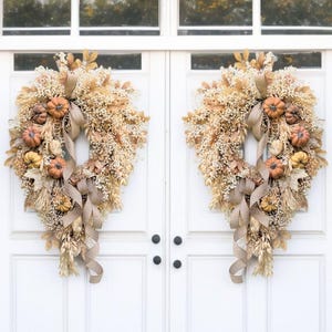 Neutral Cascading Berries Fall Wreath For Double door, Thanksgiving Wreath With Pumpkins, Teardrop Berry Autumn Wreath, Fall Swag Wreath,