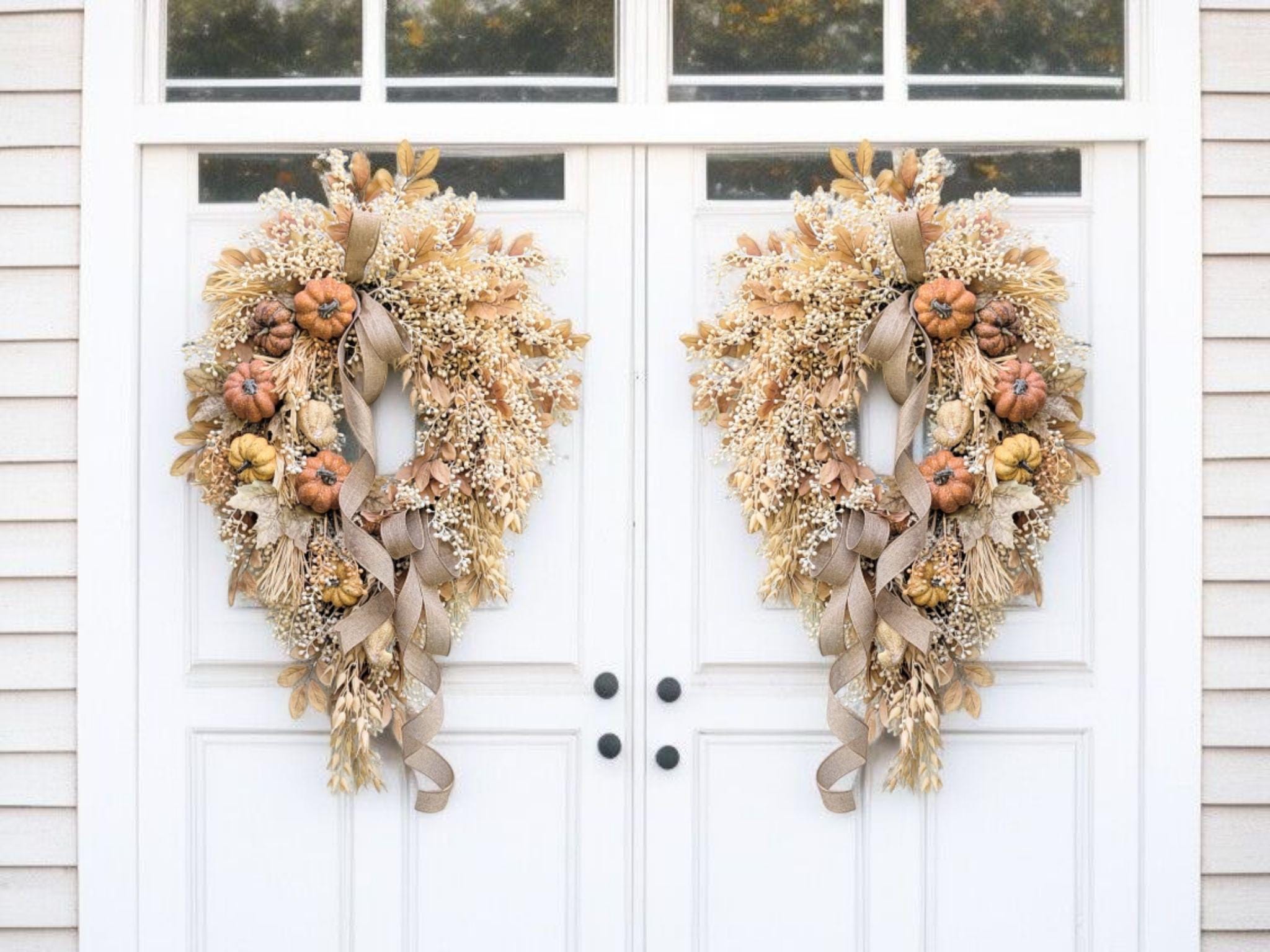 Neutral Cascading Berries Fall Wreath For Double door, Thanksgiving Wreath With Pumpkins, Teardrop Berry Autumn Wreath,  Fall Swag Wreath,