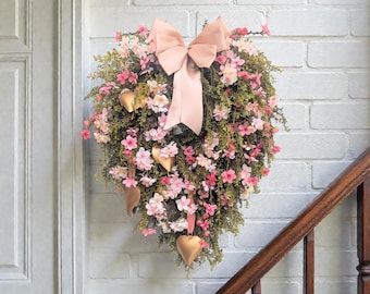 Romantic Heart Wreath, Cascading Pink Valentine’s Wreath, Elegant Front Door Valentine Decor, Spring Flowers With Gold Heart Bells, I Love U