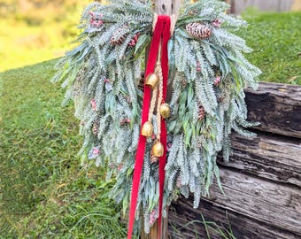 Cascade Frosted Pine Teardrop Winter Wreath; XL Eucalyptus Pine Christmas Wreath With Gold Bell, Holiday Wreath For Front Door, Gifts