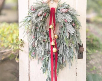 Frosted Pine Teardrop Christmas Wreath; Eucalyptus Pine Winter Wreath With Gold Bell, Holiday Wreath For Front Door, Xmas Wreath Door Decor