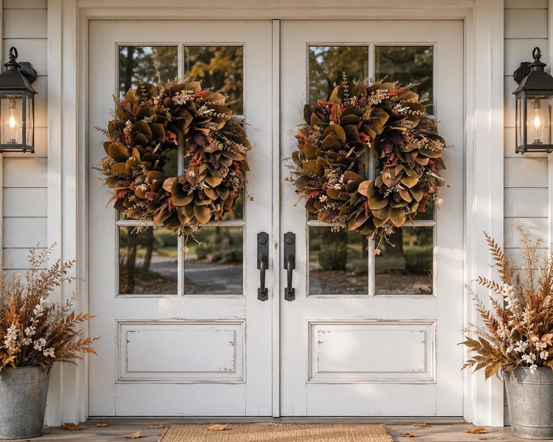 May include: Two identical autumn wreaths featuring brown magnolia leaves, pinecones, and dried foliage are mounted on white double glass doors. Two black metal lanterns flank the doors, and two galvanized metal buckets hold dried plants.