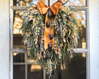 Neutral Fall Teardrop Swag, Cascading Farmhouse Door Decor, Modern Rustic Autumn Sawgrass Wreath, Thanksgiving Porch Hanging, Cottage Decor