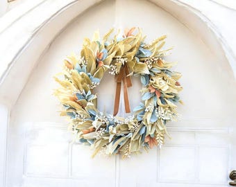 Modern Fall Farmhouse Wreath with Dried corn husk and Lamb ear, Simple cute autumn wreath for front door, Lamb ear fall wreath with berries