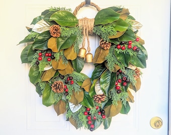 Magnolia Christmas Wreath With Gold Bell; Cascade Red Berries Front Door Wreath, Holiday Winter Magnolia Wreath Door Decor, Farmhouse Wreath