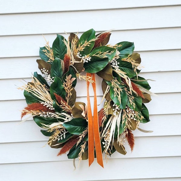 Fall Farmhouse wreath for  frontdoor;Elegant Magnolia wreath door decor,Boho style wreath entryway decor,Cream corn husk wreath