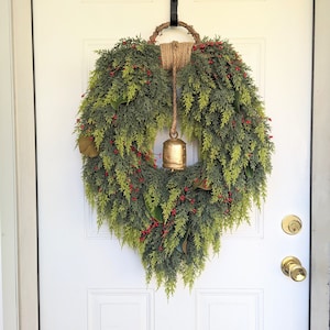 Rustic Cedar Christmas Wreath With Gold Bell For Front Door; Real Touch Cedar Christmas Wreath, Foliage Winter Wreath,Traditional Wreath