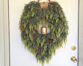 Rustic Cedar Christmas Wreath With Gold Bell For Front Door; Real Touch Cedar Christmas Wreath, Foliage Winter Wreath,Traditional Wreath