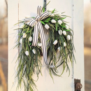 White Tulips Wreath For Front Door; Real Touch Tulips Farmhouse-Style Spring Summer Wreath, Customize Tulips Wreath, Droopy Saw Grass Wreath