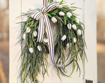 White Tulips Wreath For Front Door; Real Touch Tulips Farmhouse-Style Spring Summer Wreath, Customize Tulips Wreath, Droopy Saw Grass Wreath