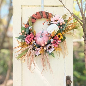 Autumn Pink Sunflower Wreath, Pink And White Pumpkin Fall Wreath, Pink Fall Wreath Door Decor