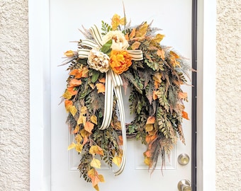 Cascading Fall Wreath, Green And Orange Birch leaf Wreath For Front Door, Fern With Peony Autumn Wreath, Rustic Fall Wreath