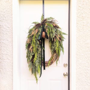 Rustic Cedar Pinecone Holiday Oval Shaped Wreath With Bell; Realistic Christmas Winter Wreath For Front Door, XL Cedar Wreath Holiday Gifts