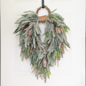 Rustic Winter Evergreen Wreath For Front Door; Frosted Pine Wreath With Eucalyptus And Pinecone, Modern Rustic Farmhouse Wreath;