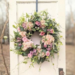 Pink Hydrangea Ranunculus Floral Wreath For Front Door, Spring Summer Flower Door Decor, Cream Berries Wreath, Gifts For Her