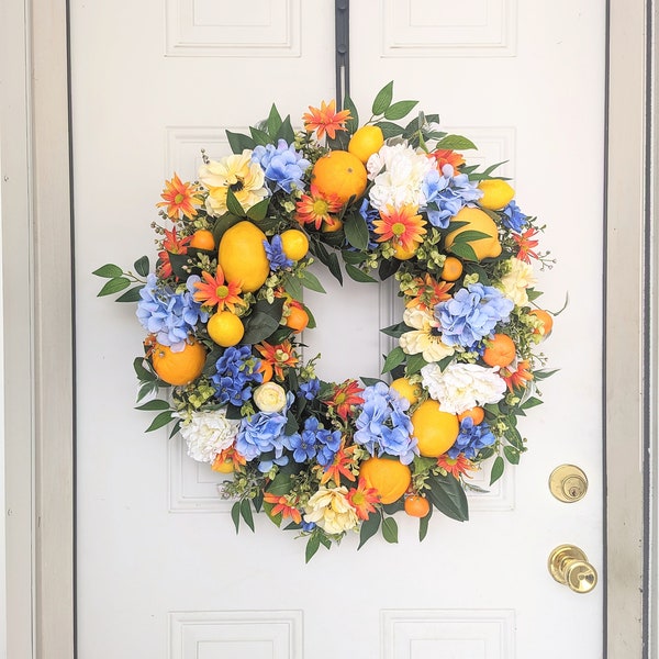 Lemon With Orange Citrus Hydrangea Wreath for Front Door; Fruits Wreath With Summer Flowers Door Decor, Lemon With Orange Wreath