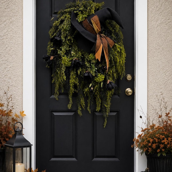 Corona de Halloween con forma de sombrero de bruja y luces LED – Magnolia negra y decoración de Halloween en cascada para la puerta principal, corona de Halloween con forma de sombrero de bruja espeluznante