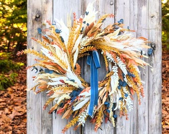 Blue and Orange Fall Eucalyptus Wreath with Pampas grass Boho Style Wreath, Wispy Fall wreath with Cron husk for front door, Autumn wreath