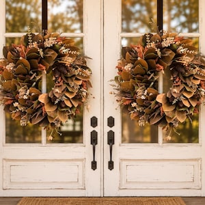 Fall Magnolia Wreath, Neutral Brown Autumn Door Decor, Rustic Farmhouse Wall Decoration, Rust Orange Wildflower Pinecone Wreath Double Door