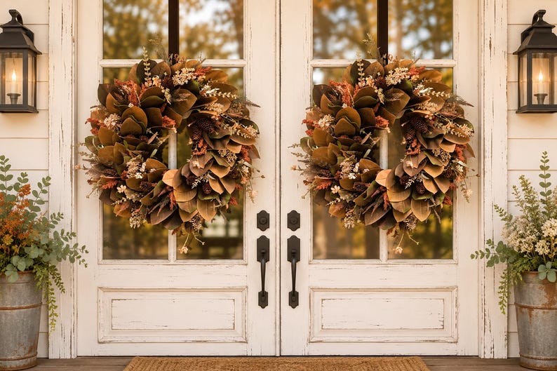 Fall Magnolia Wreath, Neutral Brown Autumn Door Decor, Rustic Farmhouse Wall Decoration, Rust Orange Wildflower Pinecone Wreath Double Door