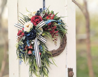 Summer Patriotic Flowers Wreath For Front Door; Red White Blue July 4th Wreath, Large Peony Independence Day Wreath, Ranunculus Wreath