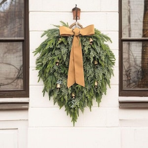 Cascading Christmas Wreath with Real Touch Cedar & Norfolk Pine, Mini Gold Bells, and Custom Velvet Ribbon– Elegant Holiday Front Door Décor