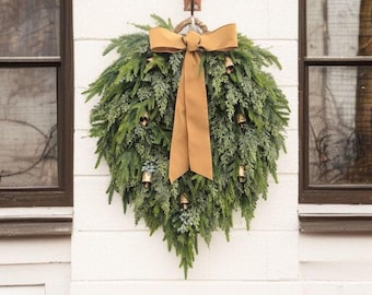 Cascading Christmas Wreath with Real Touch Cedar & Norfolk Pine, Mini Gold Bells, and Custom Velvet Ribbon– Elegant Holiday Front Door Décor