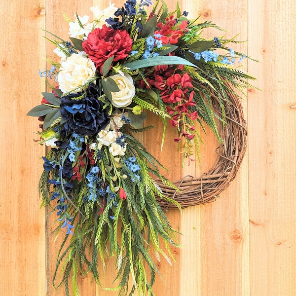 Patriotic Wreath With Peony Flowers For Front Door; Summer Red White Blue July 4th Wreath, Independence Day Wreath, Ranunculus Wreath