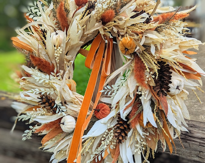 Corn Husk Wreath With Pampas Grass for Front Door; Neutral Boho Fall ...