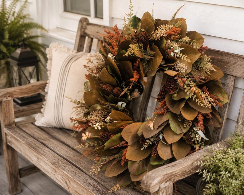 May include: A circular wreath featuring brown magnolia leaves, small pinecones, and textured orange and green foliage. The arrangement is composed of layered botanical elements in earthy tones, creating a dense, rounded display of natural textures.