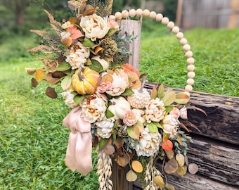 Neutral Fall Peony Wooden bead Wreath, Autumn Eucalyptus With Pumpkin Door Decor, Cottage Core Autumn Wreath, Elegant Beige Fall Wreath