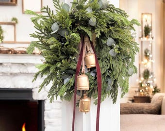 Rustic Christmas Wreath, Real Touch Norfolk Pine, Balsam Pine, Eucalyptus Juniper Berries,Gold Bells Custom Velvet Ribbon Holiday Door Decor