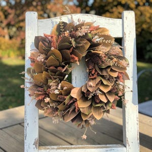Fall Magnolia Wreath, Neutral Brown Autumn Door Decor, Rustic Farmhouse Wall Decoration, Rust Orange Wildflower Pinecone Wreath Single